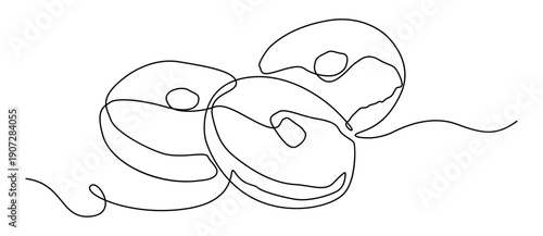 Minimalist monoline illustration of a donut drawn in a continuous single line style. Isolated on a white background. Ideal for bakery branding, cafe menus, etc.