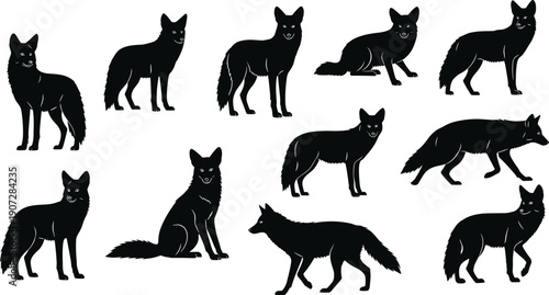 Black silhouette vector illustration of ten foxes in varied poses including standing, sitting, walking, lying down, animal behavior, wildlife design