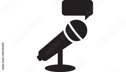 Microphone podcast icon with speech bubble, black silhouette on white background, minimal flat vector symbol for broadcasting, radio interview, voice chat, and audio recording