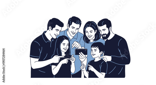 A group of people gathered closely looking at a mobile phone