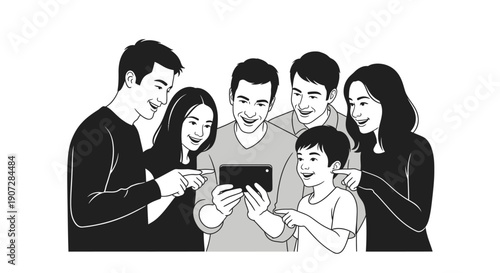 A group of people gathered around a mobile phone smiling and interacting