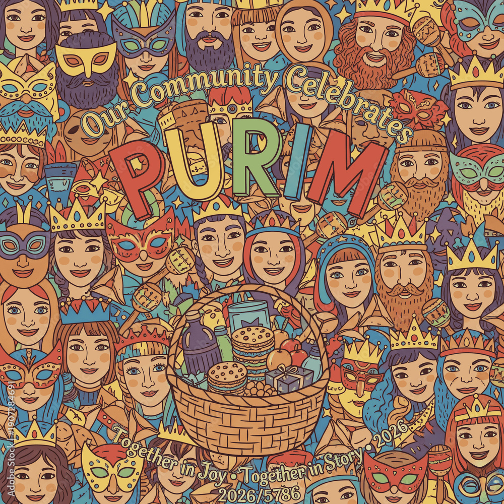 Fototapeta premium A vibrant illustration of a diverse community celebrating Purim with colorful costumes and traditional treats