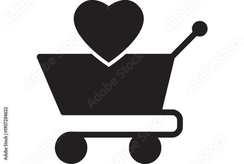 Shopping cart love icon with heart in basket, minimalist black silhouette on white background, ecommerce wishlist symbol for online store, checkout and romance concept
