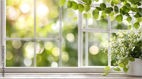 Bright window with white frames showcasing lush green foliage and a potted plant on a wooden sill, creating a serene indoor atmosphere with natural light