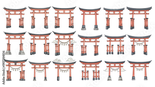 Collection of various traditional Japanese Torii gates in different styles and colors.