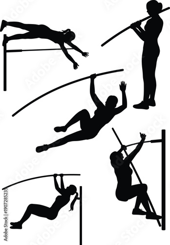 Pole Vault Athlete Silhouettes Set Showing Takeoff, Flight and Landing Phases, Track and Field Jumping Sports Action Vector Illustration Isolated on White Background