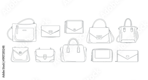 Collection of various women's handbag styles featuring different silhouettes shoulder bags totes clutches and cross body designs illustrated in clean black outline vector art