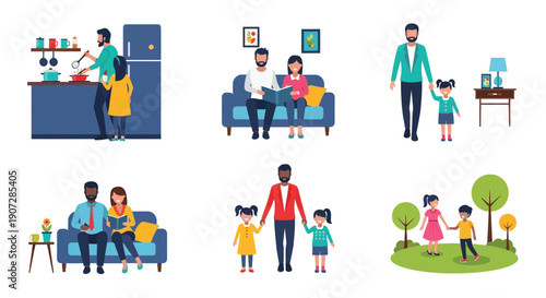 Family life scenes cooking relaxing and spending time outdoors together