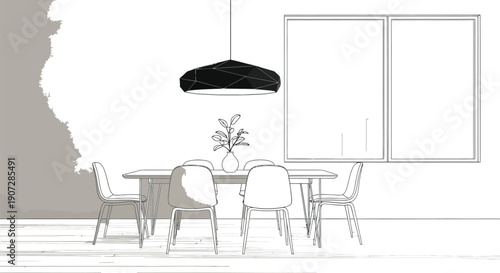 Modern interior design concept featuring a wireframe dining set beneath a geometric black pendant lamp with a city skyline view through the window