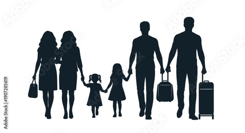 Family silhouette walking together with luggage representing travel and unity