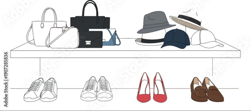 Assortment of stylish leather handbags and various hats displayed neatly alongside different types of footwear including sneakers heels and loafers on retail shelving units