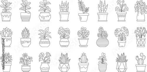 Collection of twenty-four various potted houseplant icons displayed in a clean line art style perfect for botanical designs.