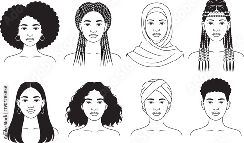 Diverse women and man faces for illustration, line art style, various hairstyles and 
