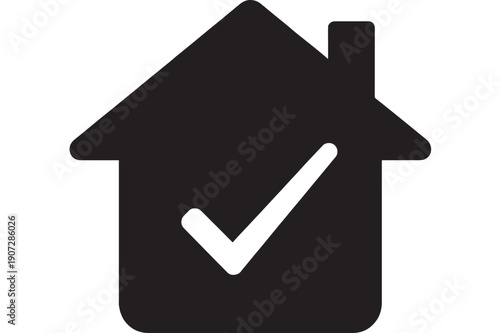 House icon with check mark inside, black solid home approval symbol for real estate verification, property inspection, rental listing, UI button, isolated on white