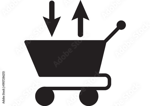 Cart shopping icon with up and down arrows symbolizing upload and download, simple black silhouette pictogram for e-commerce, retail, online store, app UI design