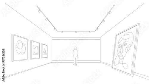 A single figure stands observing contemporary line art paintings displayed within a bright, minimalist modern art gallery setting under focused track lighting.