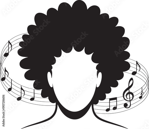 African American music lover icon, musical notes afro silhouette for music industry a