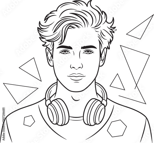 Young man with headphones and geometric shapes, vector illustration for music or fash
