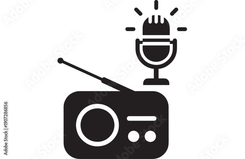 Radio podcast icon with microphone and broadcast signal, black glyph silhouette on white background, simple minimal symbol for audio streaming, news, and media apps
