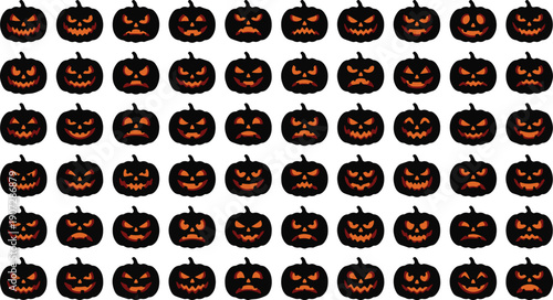 Dense arrangement of jack o lantern pumpkins features diverse carved faces with glowing orange interiors.