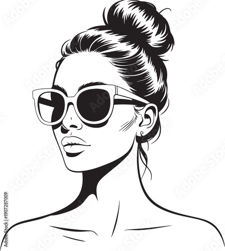 Woman wearing sunglasses and bun hairstyle, black and white illustration