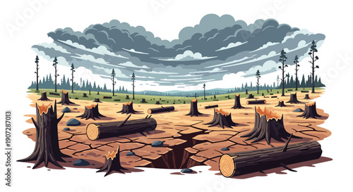 Modern flat vector illustration of deforested land with tree stumps, dry soil, and fallen logs showing environmental damage, climate impact, and forest destruction concept