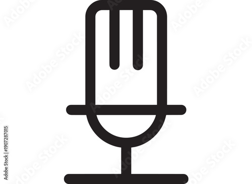 Microphone icon minimal black outline in flat line style, studio recording and podcast symbol, audio voice mic pictogram isolated on white background featuring sound, broadcast, radio with streaming