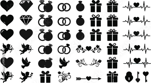 Collection of simple, black silhouette icons representing love and romance are displayed in rows.
