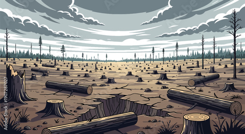Modern flat vector illustration of deforested land with tree stumps, dry soil, and fallen logs showing environmental damage, climate impact, and forest destruction concept