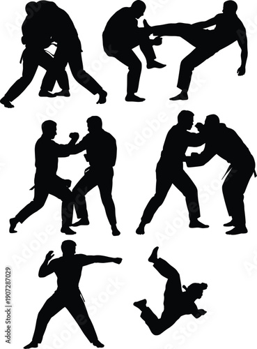 Martial Arts Combat Silhouettes Set with Kicking, Punching and Grappling Fighting Poses, Self Defense and Sparring Sports Vector Illustration Isolated on White Background