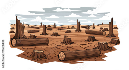 Modern flat vector illustration of deforested land with tree stumps, dry soil, and fallen logs showing environmental damage, climate impact, and forest destruction concept
