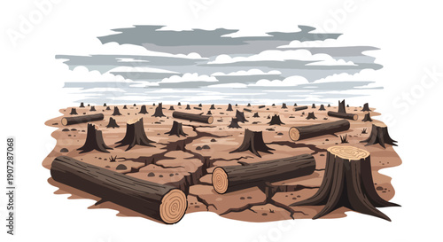 Modern flat vector illustration of deforested land with tree stumps, dry soil, and fallen logs showing environmental damage, climate impact, and forest destruction concept