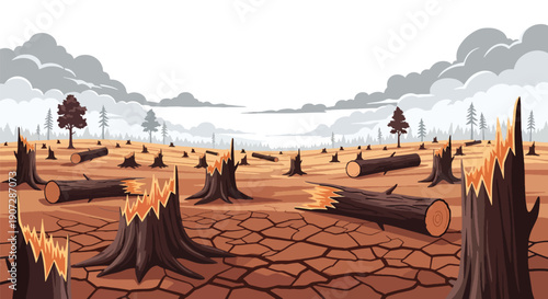 Modern flat vector illustration of deforested land with tree stumps, dry soil, and fallen logs showing environmental damage, climate impact, and forest destruction concept