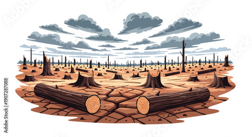Modern flat vector illustration of deforested land with tree stumps, dry soil, and fallen logs showing environmental damage, climate impact, and forest destruction concept