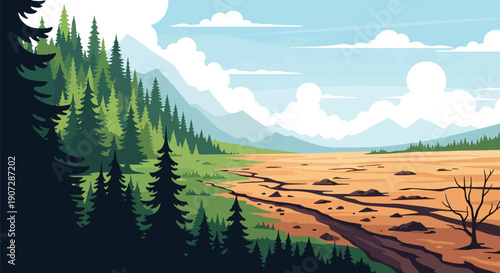 Flat vector illustration showing green forest and barren land comparison, highlighting deforestation impact, climate change, and environmental awareness concept in modern style
