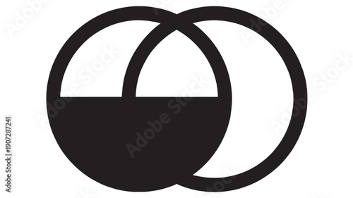 Circles overlapping icon with bold black ring shapes and half-filled disk, minimal geometric symbol for logo design, abstract Venn diagram concept isolated on white background