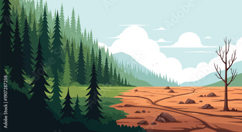 Flat vector illustration showing green forest and barren land comparison, highlighting deforestation impact, climate change, and environmental awareness concept in modern style