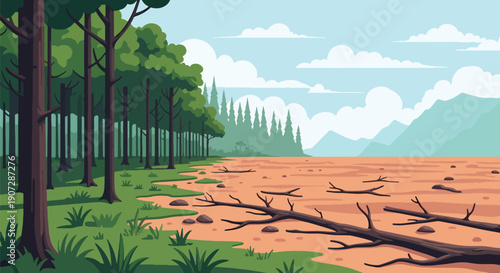 Flat vector illustration showing green forest and barren land comparison, highlighting deforestation impact, climate change, and environmental awareness concept in modern style