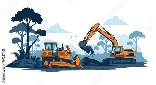 Flat vector illustration of bulldozers and excavators removing trees in rainforest, showing habitat destruction and large-scale deforestation impact