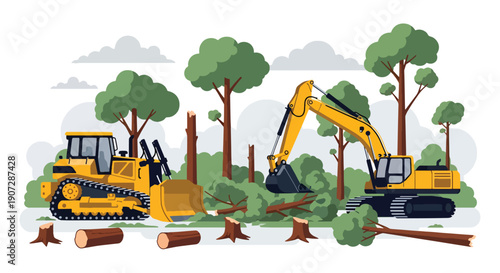 Flat vector illustration of bulldozers and excavators removing trees in rainforest, showing habitat destruction and large-scale deforestation impact