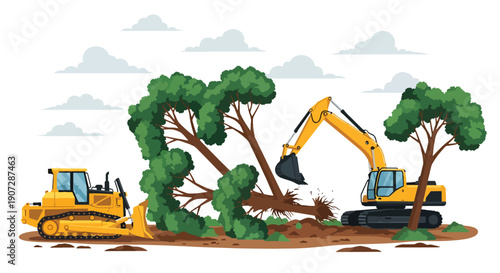 Flat vector illustration of bulldozers and excavators removing trees in rainforest, showing habitat destruction and large-scale deforestation impact