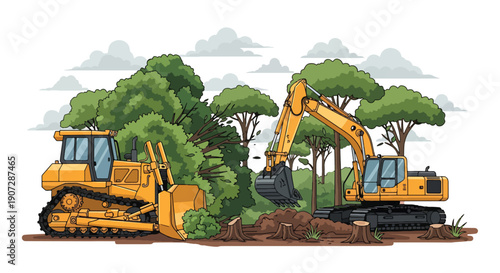 Flat vector illustration of bulldozers and excavators removing trees in rainforest, showing habitat destruction and large-scale deforestation impact