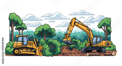 Flat vector illustration of bulldozers and excavators removing trees in rainforest, showing habitat destruction and large-scale deforestation impact