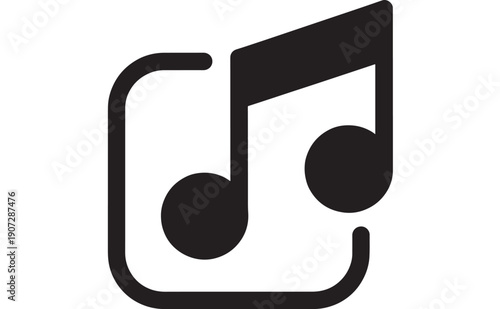 Music note icon with double quaver symbol inside rounded square frame, bold black glyph silhouette for audio app logo, playlist button, media player UI on white background