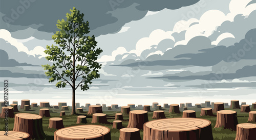 Minimal vector illustration of a single tree surrounded by stumps, symbolizing environmental loss, climate crisis, and disappearing forests