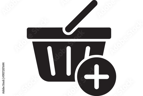Cart shopping basket icon with plus symbol for add to cart, online store purchase button, ecommerce checkout concept in black flat vector isolated on white background