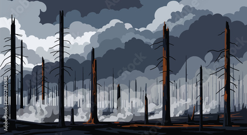 Modern flat vector illustration of burnt trees after forest clearing and fires, showing severe environmental damage and climate impact