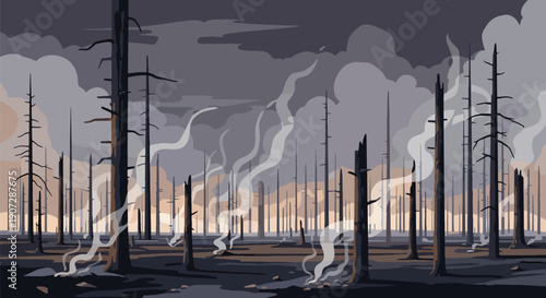 Modern flat vector illustration of burnt trees after forest clearing and fires, showing severe environmental damage and climate impact