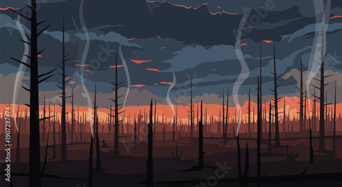 Modern flat vector illustration of burnt trees after forest clearing and fires, showing severe environmental damage and climate impact