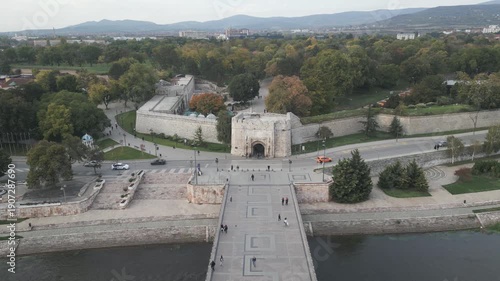 A medieval fortification in Nis, southern Serbia. Aerial video, flying backwards.